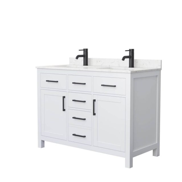 Wyndham Collection Beckett 48 inch Double Bathroom Vanity in White with Carrara Cultured Marble Countertop, Undermount Square Sinks and Matte Black Trim - WCG242448DWBCCUNSMXX
