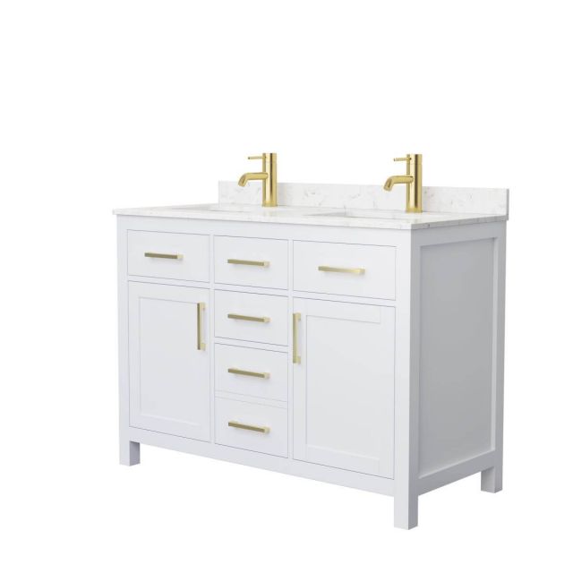 Wyndham Collection Beckett 48 inch Double Bathroom Vanity in White with Carrara Cultured Marble Countertop, Undermount Square Sinks and Brushed Gold Trim - WCG242448DWGCCUNSMXX