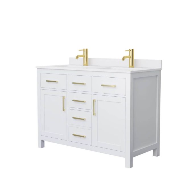 Wyndham Collection Beckett 48 inch Double Bathroom Vanity in White with White Cultured Marble Countertop, Undermount Square Sinks and Brushed Gold Trim - WCG242448DWGWCUNSMXX
