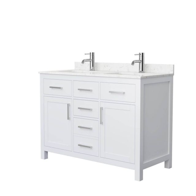 Wyndham Collection Beckett 48 inch Double Bathroom Vanity in White with Carrara Cultured Marble Countertop, Undermount Square Sinks and Brushed Nickel Trim - WCG242448DWHCCUNSMXX