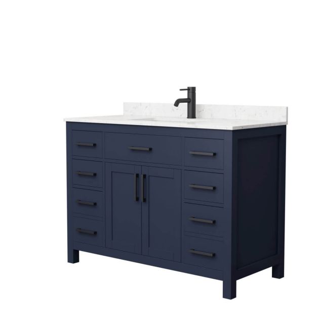 Wyndham Collection Beckett 48 inch Single Bathroom Vanity in Dark Blue with Carrara Cultured Marble Countertop, Undermount Square Sink and Matte Black Trim - WCG242448SBBCCUNSMXX