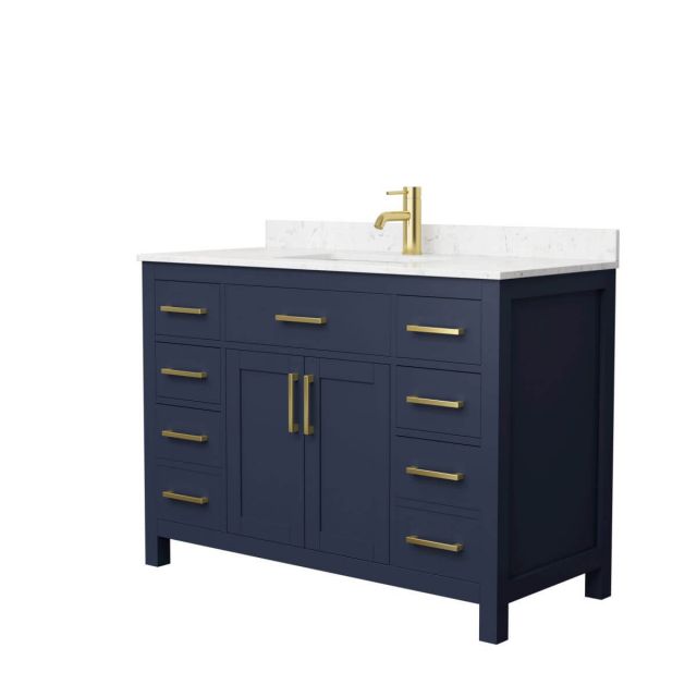 Wyndham Collection Beckett 48 inch Single Bathroom Vanity in Dark Blue with Carrara Cultured Marble Countertop, Undermount Square Sink and Brushed Gold Trim - WCG242448SBLCCUNSMXX