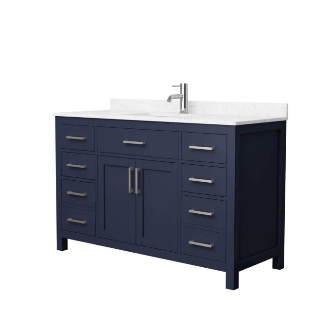 Wyndham Collection Beckett 54 inch Single Bathroom Vanity in Dark Blue with Carrara Cultured Marble Countertop, Undermount Square Sink and Brushed Nickel Trim - WCG242454SBNCCUNSMXX