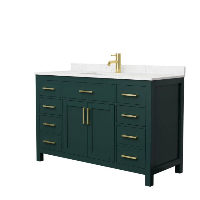 Wyndham Collection Beckett 54 inch Single Bathroom Vanity in Green with Carrara Cultured Marble Countertop, Undermount Square Sink and Brushed Gold Trim - WCG242454SGDCCUNSMXX