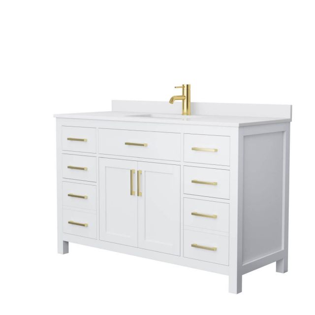 Wyndham Collection Beckett 54 inch Single Bathroom Vanity in White with White Cultured Marble Countertop, Undermount Square Sink and Brushed Gold Trim - WCG242454SWGWCUNSMXX