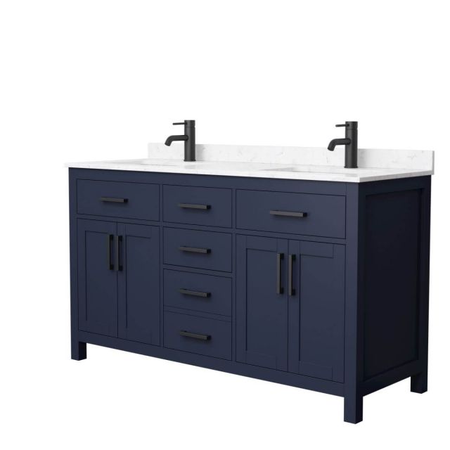 Wyndham Collection Beckett 60 inch Double Bathroom Vanity in Dark Blue with Carrara Cultured Marble Countertop, Undermount Square Sinks and Matte Black Trim - WCG242460DBBCCUNSMXX