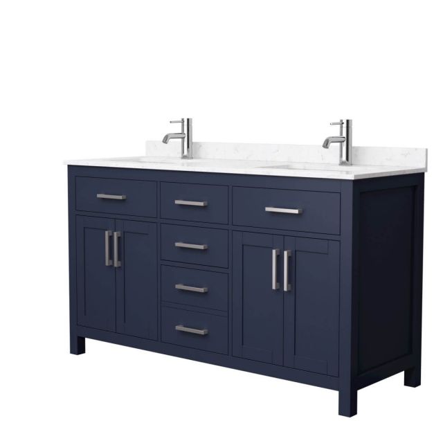 Wyndham Collection Beckett 60 inch Double Bathroom Vanity in Dark Blue with Carrara Cultured Marble Countertop, Undermount Square Sinks and Brushed Nickel Trim - WCG242460DBNCCUNSMXX