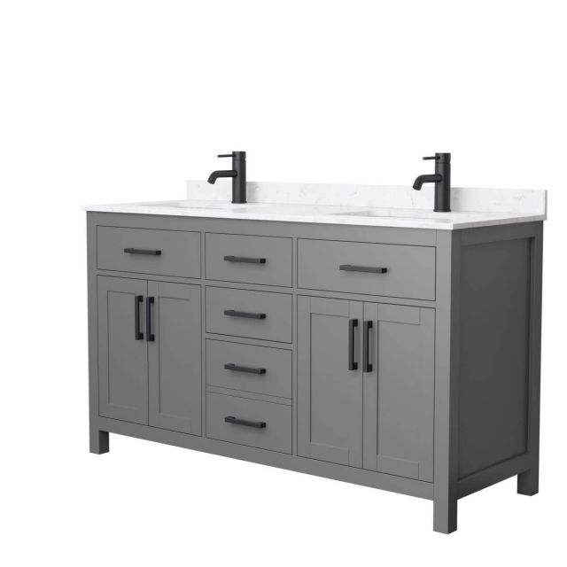 Wyndham Collection Beckett 60 inch Double Bathroom Vanity in Dark Gray with Carrara Cultured Marble Countertop, Undermount Square Sinks and Matte Black Trim - WCG242460DGBCCUNSMXX