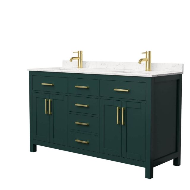 Wyndham Collection Beckett 60 inch Double Bathroom Vanity in Green with Carrara Cultured Marble Countertop, Undermount Square Sinks and Brushed Gold Trim - WCG242460DGDCCUNSMXX