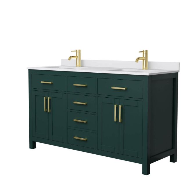 Wyndham Collection Beckett 60 inch Double Bathroom Vanity in Green with White Cultured Marble Countertop, Undermount Square Sinks and Brushed Gold Trim - WCG242460DGDWCUNSMXX
