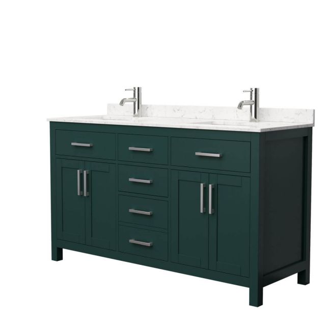 Wyndham Collection Beckett 60 inch Double Bathroom Vanity in Green with Carrara Cultured Marble Countertop, Undermount Square Sinks and Brushed Nickel Trim - WCG242460DGECCUNSMXX