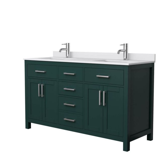 Wyndham Collection Beckett 60 inch Double Bathroom Vanity in Green with White Cultured Marble Countertop, Undermount Square Sinks and Brushed Nickel Trim - WCG242460DGEWCUNSMXX