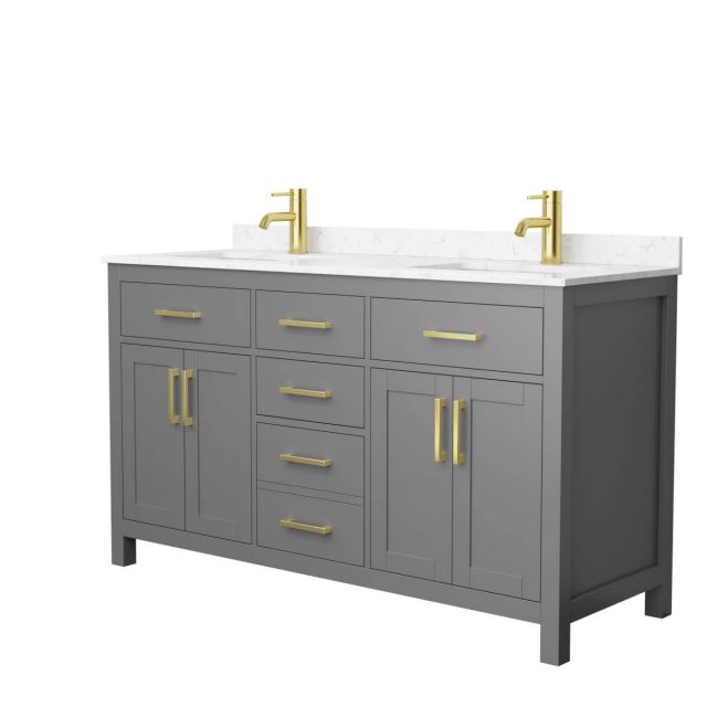 Wyndham Collection Beckett 60 inch Double Bathroom Vanity in Dark Gray with Carrara Cultured Marble Countertop, Undermount Square Sinks and Brushed Gold Trim - WCG242460DGGCCUNSMXX