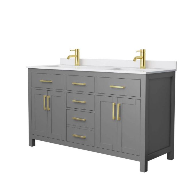Wyndham Collection Beckett 60 inch Double Bathroom Vanity in Dark Gray with White Cultured Marble Countertop, Undermount Square Sinks and Brushed Gold Trim - WCG242460DGGWCUNSMXX