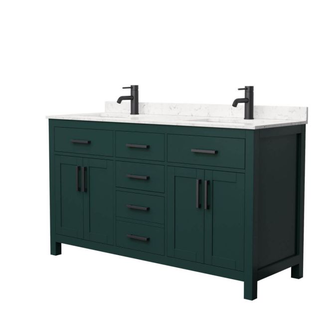 Wyndham Collection Beckett 60 inch Double Bathroom Vanity in Green with Carrara Cultured Marble Countertop, Undermount Square Sinks and Matte Black Trim - WCG242460DGKCCUNSMXX
