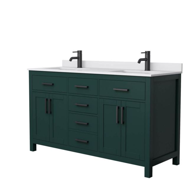 Wyndham Collection Beckett 60 inch Double Bathroom Vanity in Green with White Cultured Marble Countertop, Undermount Square Sinks and Matte Black Trim - WCG242460DGKWCUNSMXX