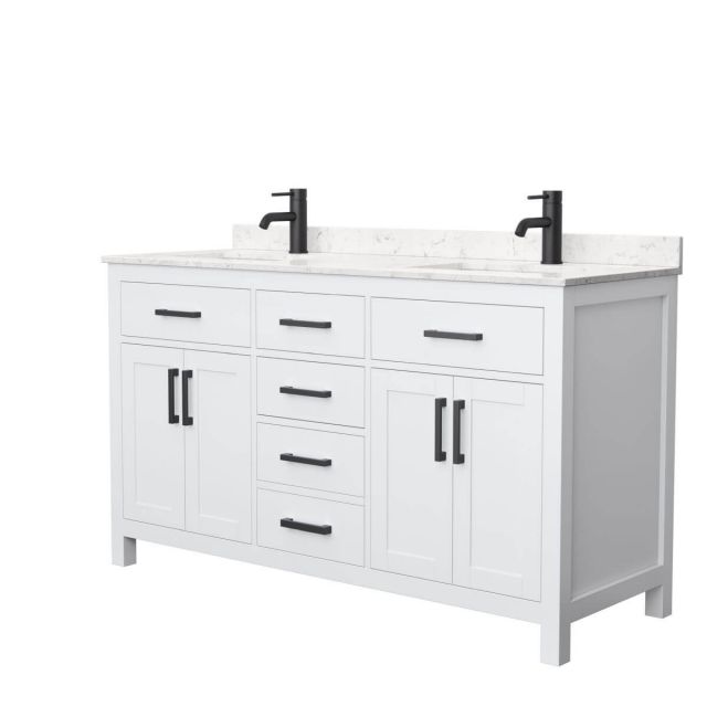 Wyndham Collection Beckett 60 inch Double Bathroom Vanity in White with Carrara Cultured Marble Countertop, Undermount Square Sinks and Matte Black Trim - WCG242460DWBCCUNSMXX