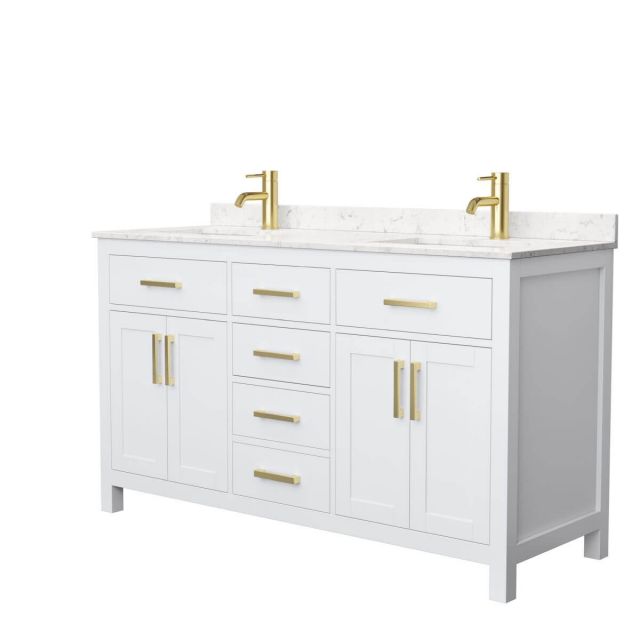 Wyndham Collection Beckett 60 inch Double Bathroom Vanity in White with Carrara Cultured Marble Countertop, Undermount Square Sinks and Brushed Gold Trim - WCG242460DWGCCUNSMXX