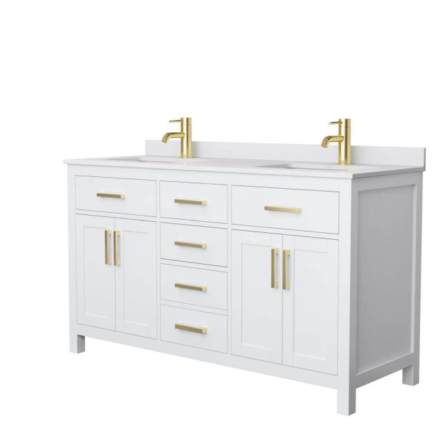 Wyndham Collection Beckett 60 inch Double Bathroom Vanity in White with White Cultured Marble Countertop, Undermount Square Sinks and Brushed Gold Trim - WCG242460DWGWCUNSMXX