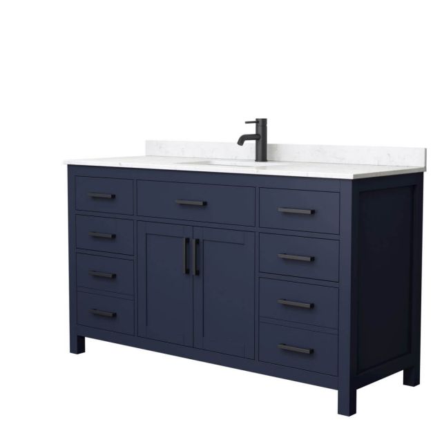 Wyndham Collection Beckett 60 inch Single Bathroom Vanity in Dark Blue with Carrara Cultured Marble Countertop, Undermount Square Sink and Matte Black Trim - WCG242460SBBCCUNSMXX