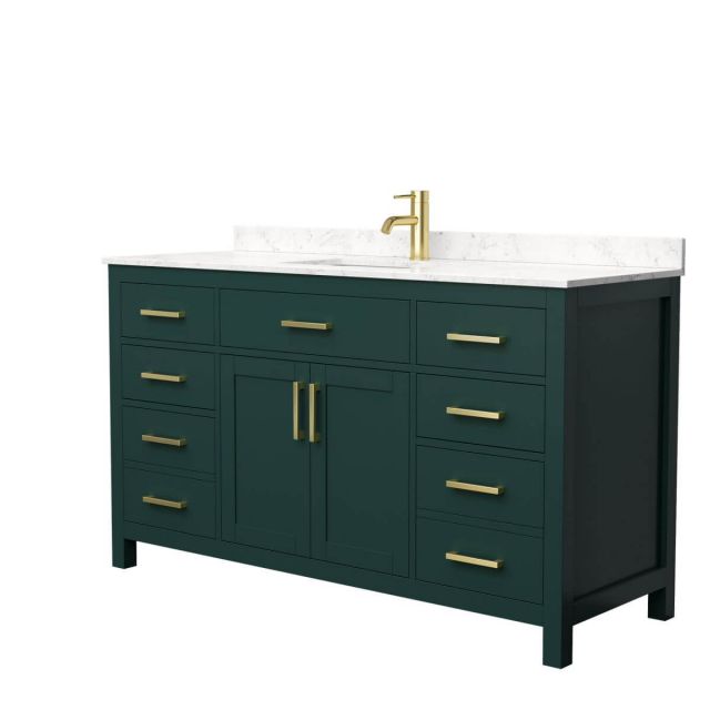 Wyndham Collection Beckett 60 inch Single Bathroom Vanity in Green with Carrara Cultured Marble Countertop, Undermount Square Sink and Brushed Gold Trim - WCG242460SGDCCUNSMXX