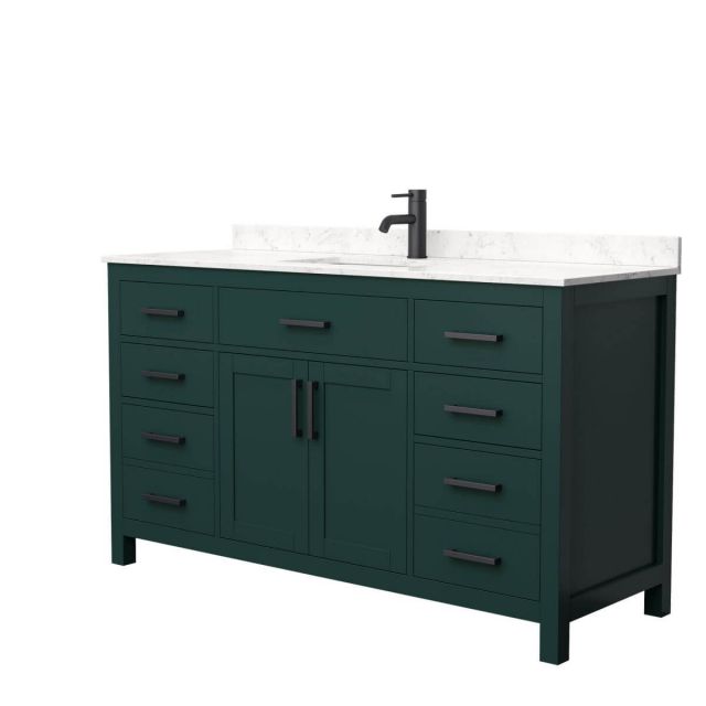 Wyndham Collection Beckett 60 inch Single Bathroom Vanity in Green with Carrara Cultured Marble Countertop, Undermount Square Sink and Matte Black Trim - WCG242460SGKCCUNSMXX