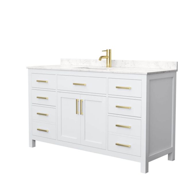 Wyndham Collection Beckett 60 inch Single Bathroom Vanity in White with Carrara Cultured Marble Countertop, Undermount Square Sink and Brushed Gold Trim - WCG242460SWGCCUNSMXX