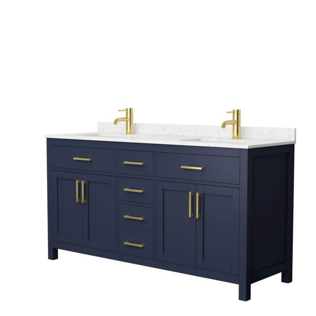 Wyndham Collection Beckett 66 inch Double Bathroom Vanity in Dark Blue with Carrara Cultured Marble Countertop, Undermount Square Sinks and No Mirror - WCG242466DBLCCUNSMXX
