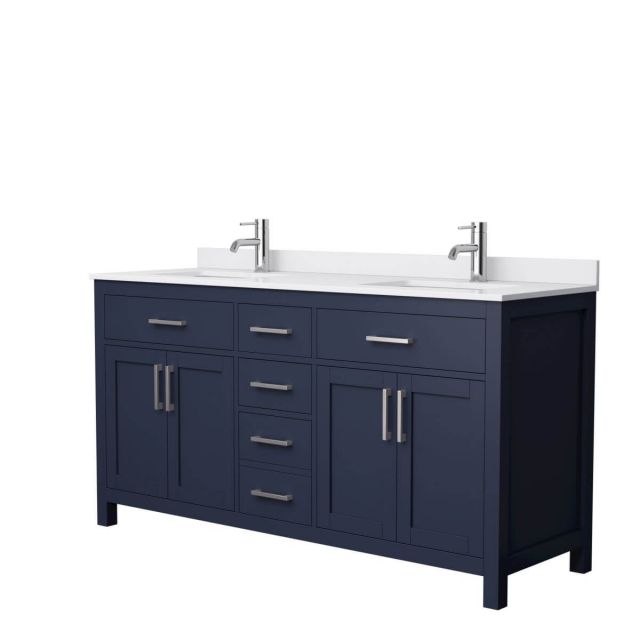 Wyndham Collection Beckett 66 inch Double Bathroom Vanity in Dark Blue with White Cultured Marble Countertop, Undermount Square Sinks and Brushed Nickel Trim - WCG242466DBNWCUNSMXX