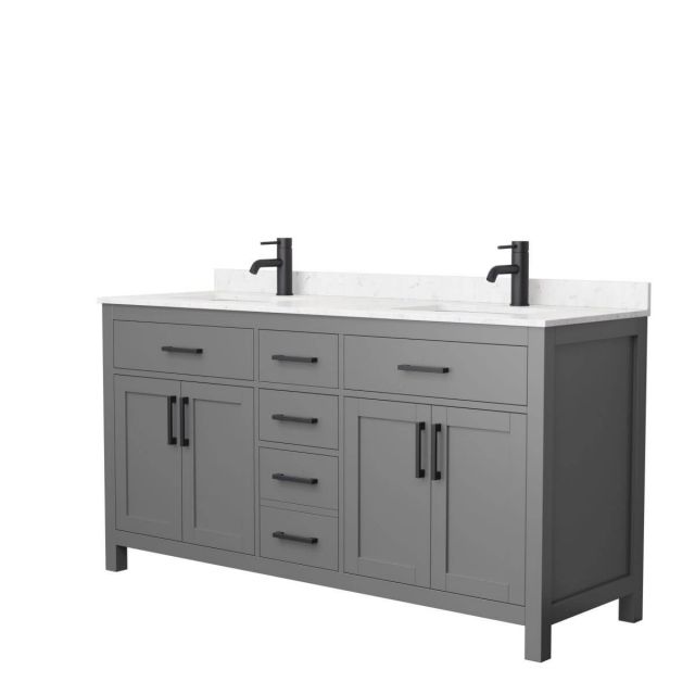 Wyndham Collection Beckett 66 inch Double Bathroom Vanity in Dark Gray with Carrara Cultured Marble Countertop, Undermount Square Sinks and Matte Black Trim - WCG242466DGBCCUNSMXX
