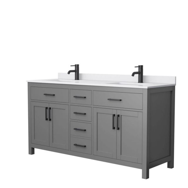 Wyndham Collection Beckett 66 inch Double Bathroom Vanity in Dark Gray with White Cultured Marble Countertop, Undermount Square Sinks and Matte Black Trim - WCG242466DGBWCUNSMXX
