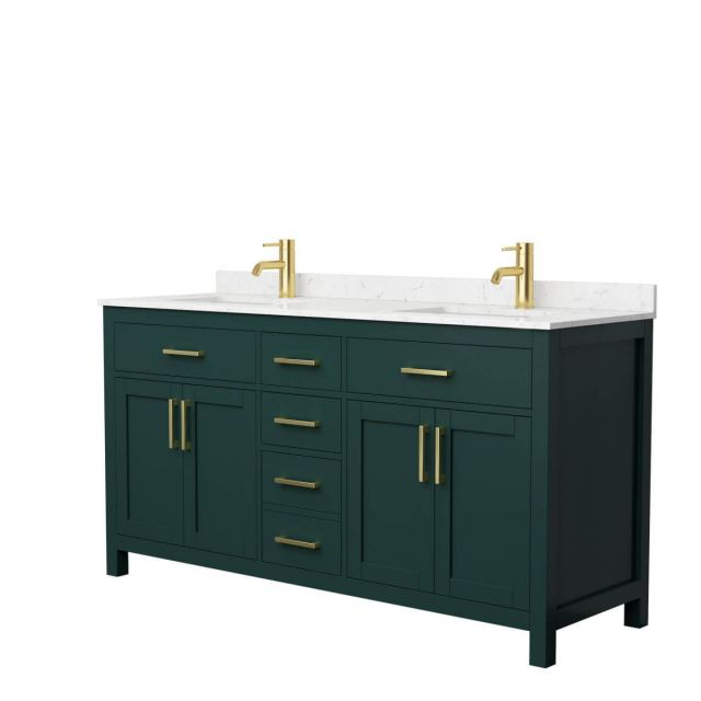 Wyndham Collection Beckett 66 inch Double Bathroom Vanity in Green with Carrara Cultured Marble Countertop, Undermount Square Sinks and Brushed Gold Trim - WCG242466DGDCCUNSMXX