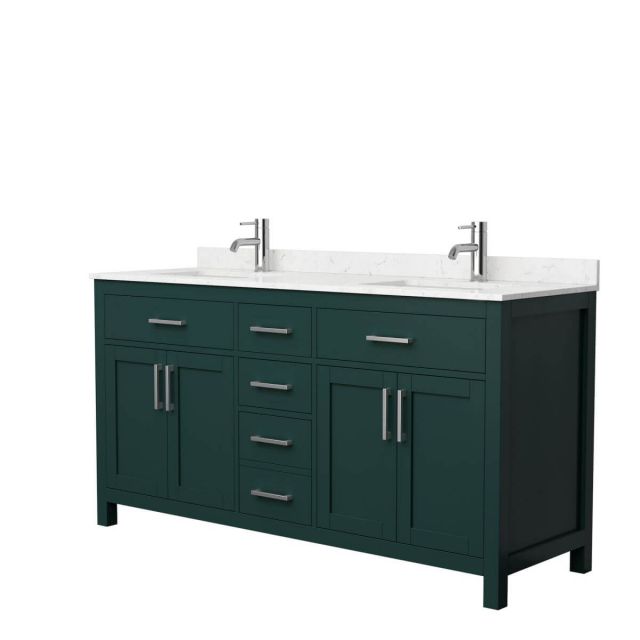 Wyndham Collection Beckett 66 inch Double Bathroom Vanity in Green with Carrara Cultured Marble Countertop, Undermount Square Sinks and Brushed Nickel Trim - WCG242466DGECCUNSMXX