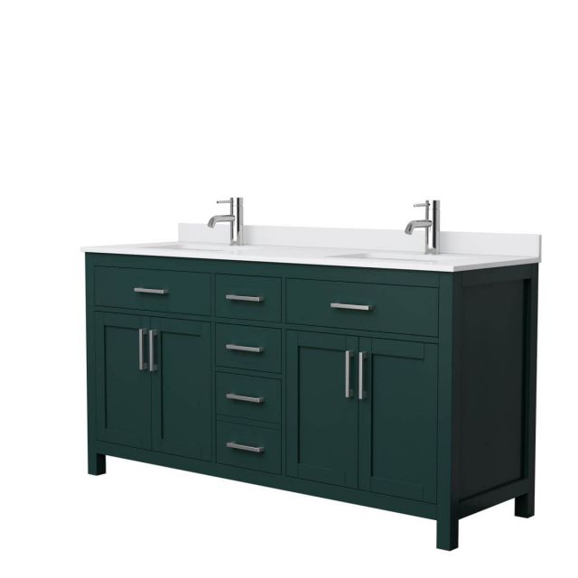Wyndham Collection Beckett 66 inch Double Bathroom Vanity in Green with White Cultured Marble Countertop, Undermount Square Sinks and Brushed Nickel Trim - WCG242466DGEWCUNSMXX