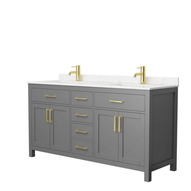 Wyndham Collection Beckett 66 inch Double Bathroom Vanity in Dark Gray with Carrara Cultured Marble Countertop, Undermount Square Sinks and Brushed Gold Trim - WCG242466DGGCCUNSMXX