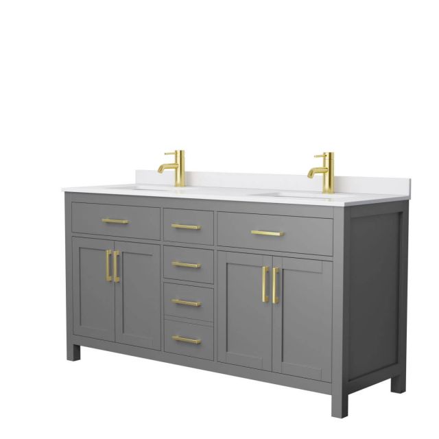 Wyndham Collection Beckett 66 inch Double Bathroom Vanity in Dark Gray with White Cultured Marble Countertop, Undermount Square Sinks and Brushed Gold Trim - WCG242466DGGWCUNSMXX