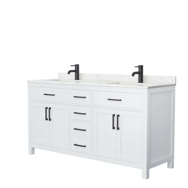 Wyndham Collection Beckett 66 inch Double Bathroom Vanity in White with Carrara Cultured Marble Countertop, Undermount Square Sinks and Matte Black Trim - WCG242466DWBCCUNSMXX