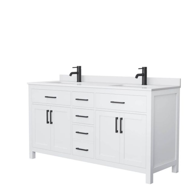 Wyndham Collection Beckett 66 inch Double Bathroom Vanity in White with White Cultured Marble Countertop, Undermount Square Sinks and Matte Black Trim - WCG242466DWBWCUNSMXX