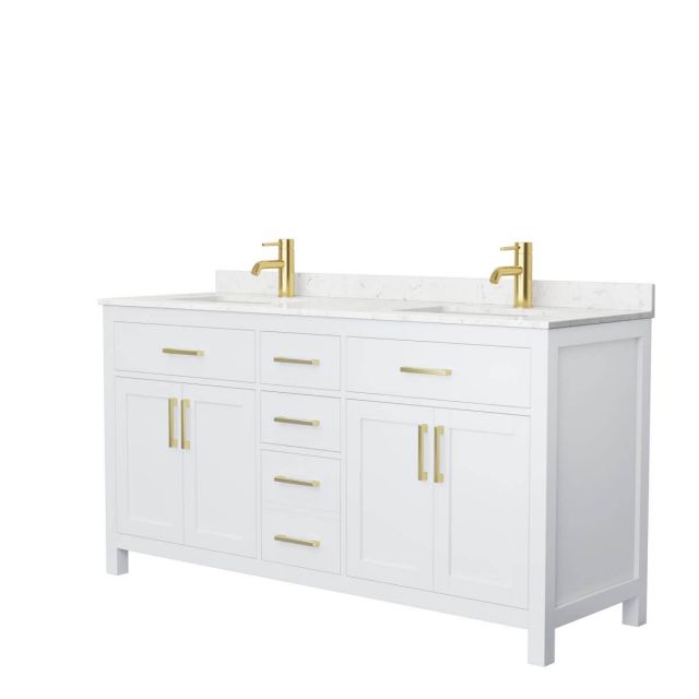 Wyndham Collection Beckett 66 inch Double Bathroom Vanity in White with Carrara Cultured Marble Countertop, Undermount Square Sinks and Brushed Gold Trim - WCG242466DWGCCUNSMXX