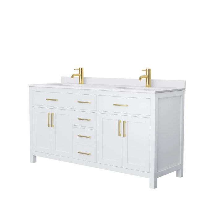 Wyndham Collection Beckett 66 inch Double Bathroom Vanity in White with White Cultured Marble Countertop, Undermount Square Sinks and Brushed Gold Trim - WCG242466DWGWCUNSMXX