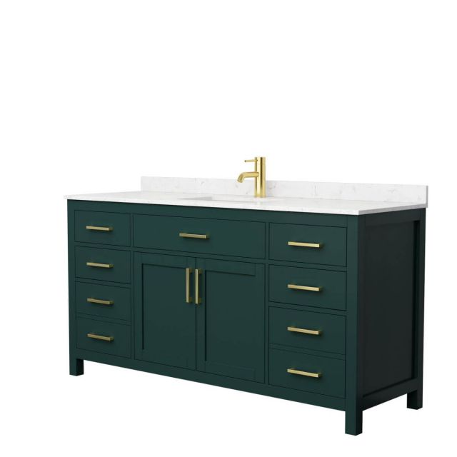 Wyndham Collection Beckett 66 inch Single Bathroom Vanity in Green with Carrara Cultured Marble Countertop, Undermount Square Sink and Brushed Gold Trim - WCG242466SGDCCUNSMXX