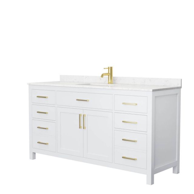Wyndham Collection Beckett 66 inch Single Bathroom Vanity in White with Carrara Cultured Marble Countertop, Undermount Square Sink and Brushed Gold Trim - WCG242466SWGCCUNSMXX