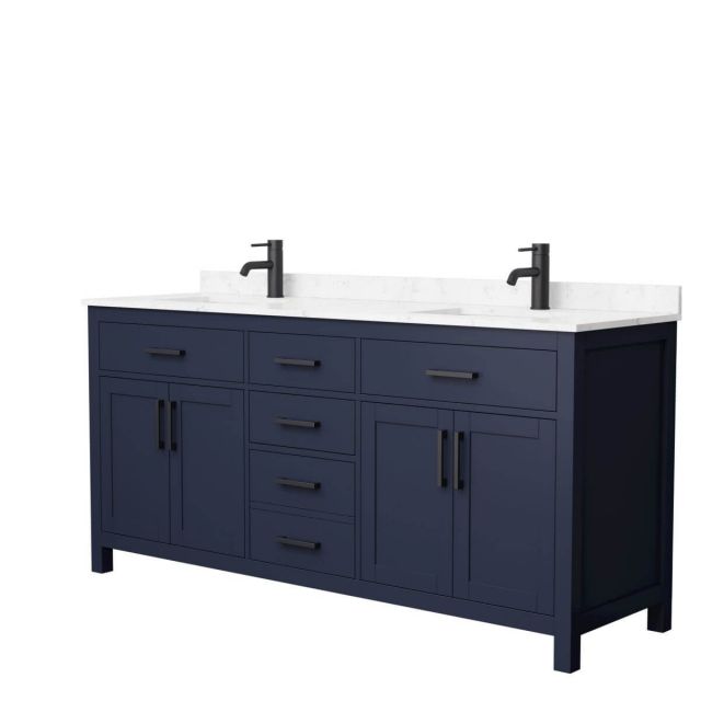 Wyndham Collection Beckett 72 inch Double Bathroom Vanity in Dark Blue with Carrara Cultured Marble Countertop, Undermount Square Sinks and Matte Black Trim - WCG242472DBBCCUNSMXX