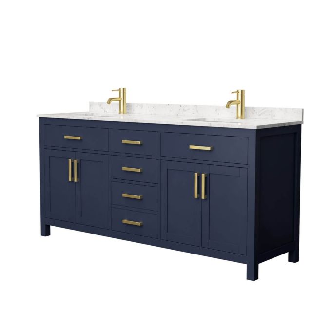 Wyndham Collection Beckett 72 inch Double Bathroom Vanity in Dark Blue with Carrara Cultured Marble Countertop, Undermount Square Sinks and No Mirror - WCG242472DBLCCUNSMXX