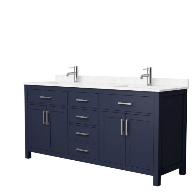 Wyndham Collection Beckett 72 inch Double Bathroom Vanity in Dark Blue with Carrara Cultured Marble Countertop, Undermount Square Sinks and Brushed Nickel Trim - WCG242472DBNCCUNSMXX