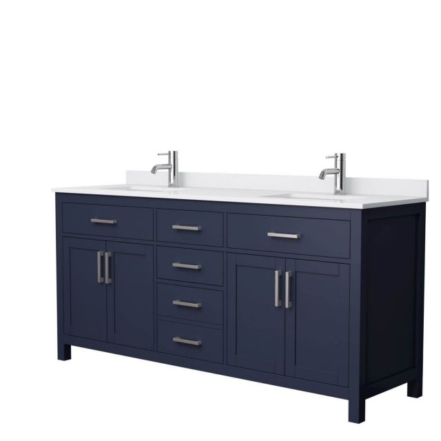 Wyndham Collection Beckett 72 inch Double Bathroom Vanity in Dark Blue with White Cultured Marble Countertop, Undermount Square Sinks and Brushed Nickel Trim - WCG242472DBNWCUNSMXX