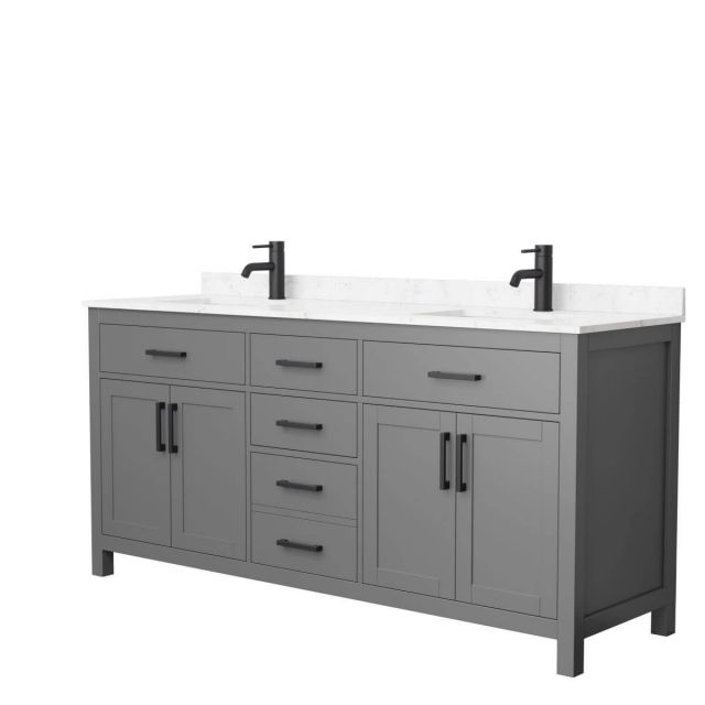 Wyndham Collection Beckett 72 inch Double Bathroom Vanity in Dark Gray with Carrara Cultured Marble Countertop, Undermount Square Sinks and Matte Black Trim - WCG242472DGBCCUNSMXX