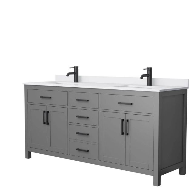 Wyndham Collection Beckett 72 inch Double Bathroom Vanity in Dark Gray with White Cultured Marble Countertop, Undermount Square Sinks and Matte Black Trim - WCG242472DGBWCUNSMXX