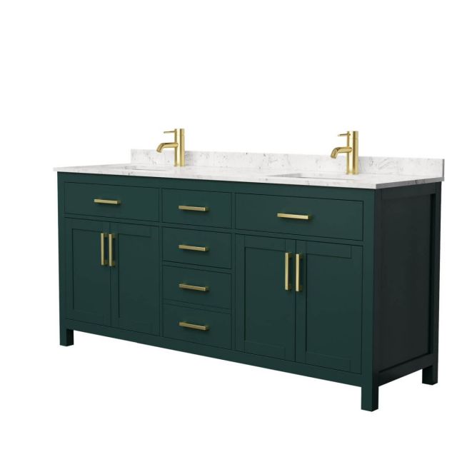 Wyndham Collection Beckett 72 inch Double Bathroom Vanity in Green with Carrara Cultured Marble Countertop, Undermount Square Sinks and Brushed Gold Trim - WCG242472DGDCCUNSMXX