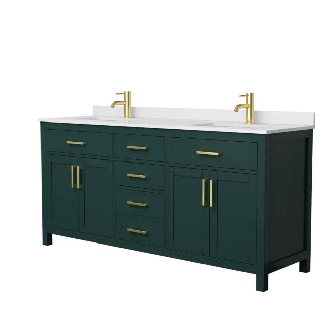 Wyndham Collection Beckett 72 inch Double Bathroom Vanity in Green with White Cultured Marble Countertop, Undermount Square Sinks and Brushed Gold Trim - WCG242472DGDWCUNSMXX